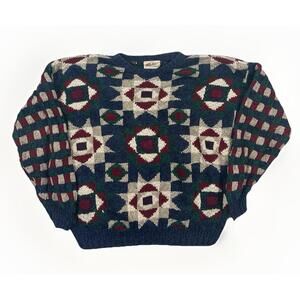 Rodes Hand Knit Pullover Sweater Men's XL Red Blue Coogi Style Abstract Textured